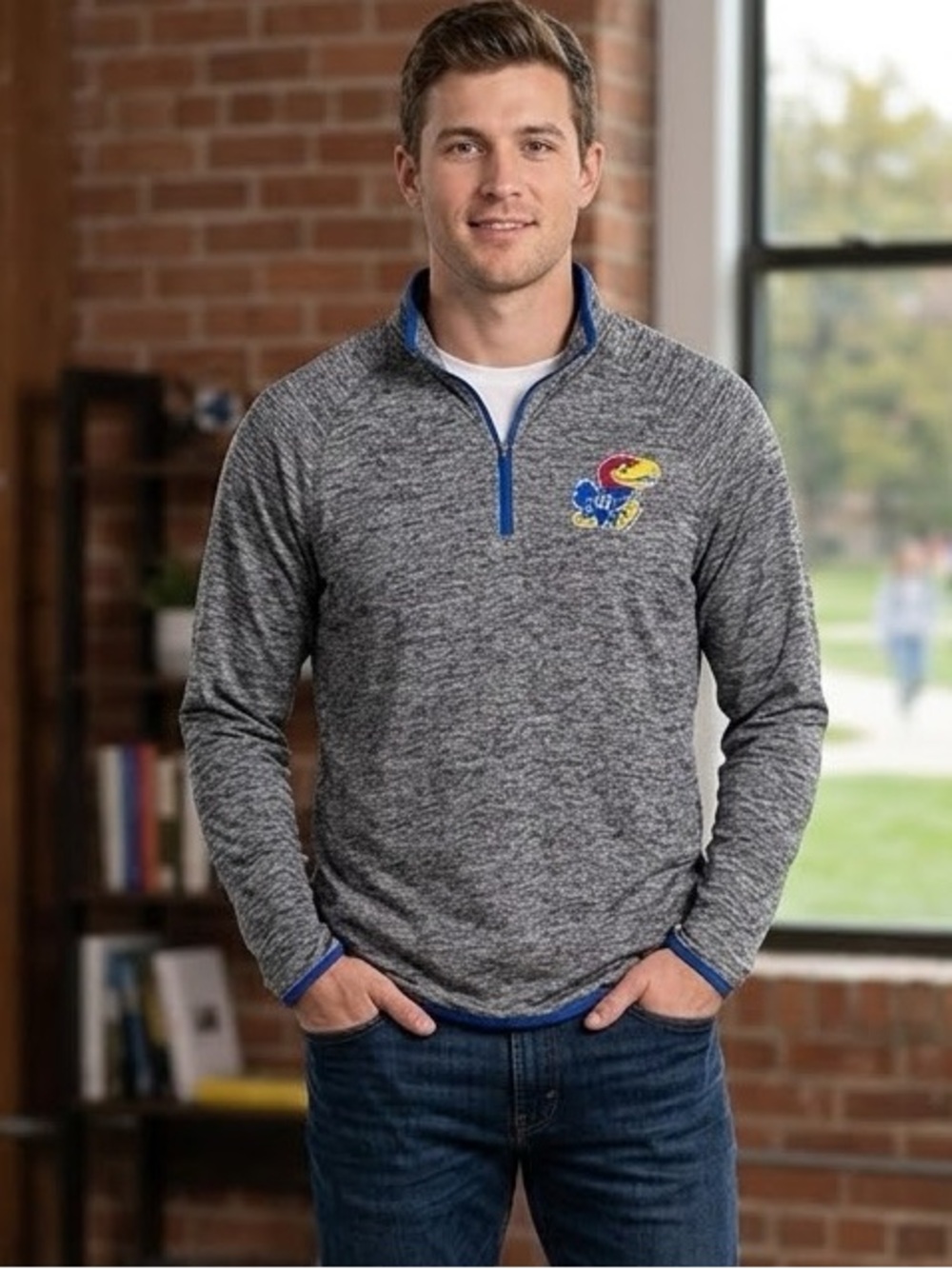 Unisex Kansas Jayhawks Gray Quarter-Zip Pullover with Blue Trim. size Small